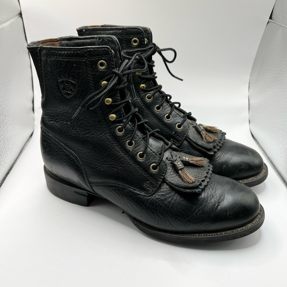 ARIAT KILTIE Tassel Western Roper Black Leather Lace Up Boots W Size 8.5 large